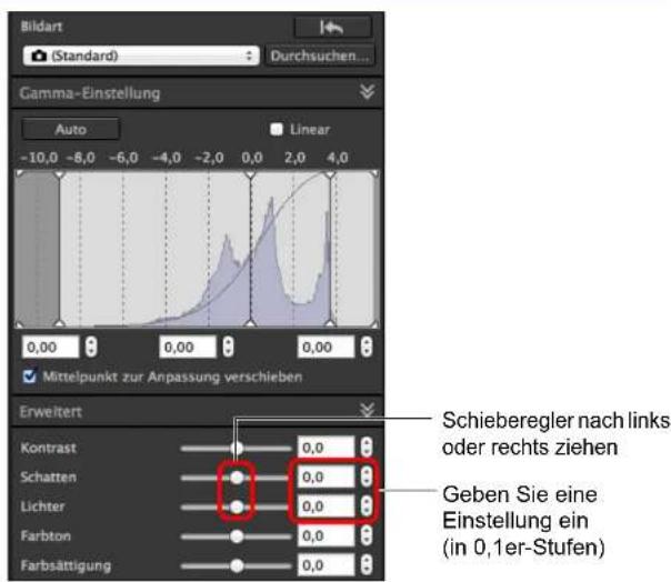 Bildart (Standard) Durchsuchen... Gamma-Einstellung Auto Linear -10,0 -8,0 -6,0 -4,0 -2,0 0,0 2,0 4,0 0,00 0,00 0,00 ✓ Mittelpunkt zur Anpassung verschieben Erweitert Kontrast Schatten Lichter Farbton Farbsättigung 0,0 0,0 0,0 0,0 0,0 Schieberegler nach links oder rechts ziehen Geben Sie eine Einstellung ein (in 0,1er-Stufen)