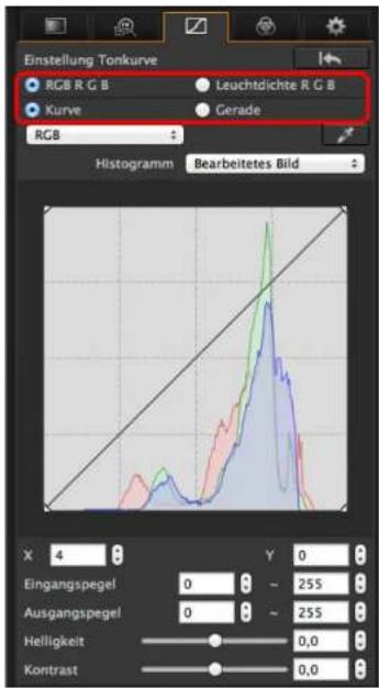 Einstellung Tonkurve RGB R G B Leuchtdichte R G B Kurve Gerade RGB Histogramm Bearbeitetes Bild X 4 Y 0 Eingangspegel 0 ~ 255 Ausgangspegel 0 ~ 255 Helligkeit 0,0 Kontrast 0,0