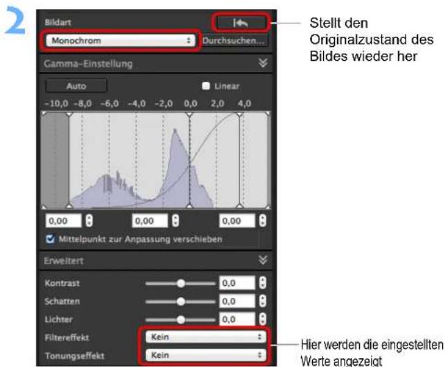 Bildart Monochrom Durchsuchen... Stellt den Originalzustand des Bildes wieder her Gamma-Einstellung Auto Linear -10,0 -8,0 -6,0 -4,0 -2,0 0,0 2,0 4,0 0,00 0,00 0,00 0,00 Mittelpunkt zur Anpassung verschieben Erweitert Kontrast Schatten Lichter Filtereffekt Kein Tonungseffekt Kein Hier werden die eingestellten Werte angezeigt