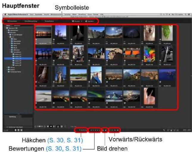 Hauptfenster Symbolleiste Häkchen (S. 30, S. 31) Bewertungen (S. 30, S. 31) Vorwärts/Rückwärts Bild drehen