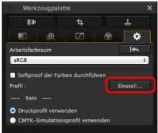 Werkzeugpalette Arbeitsfarbraum sRGB Softproof der Farben durchführen Profit : Einstell... ---- Kein ---- Druckprofil verwenden CMYK-Simulationsprofil verwenden