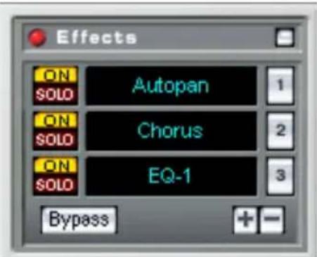 Effects ON SOLO Autopan 1 ON SOLO Chorus 2 ON SOLO EQ-1 3 Bypass + -