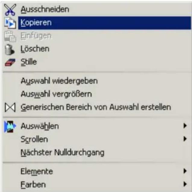 Ausschneiden Kopieren Einfügen Löschen Stille Auswahl wiedergeben Auswahl vergrößern Generischen Bereich von Auswahl erstellen Auswählen Scrollen Nächster Nulldurchgang Elemente Farben