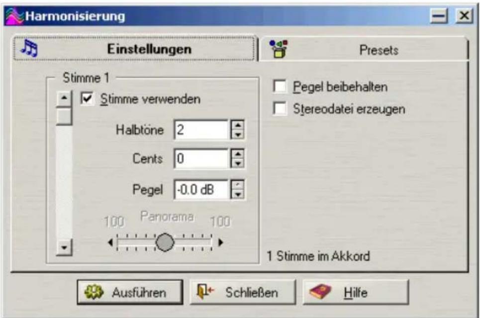 Harmonisierung Einstellungen Presets Stimme 1 ✓ Stimme verwenden Halbtöne 2 Cents 0 Pegel -0.0 dB 100 Panorama 100 1 Stimme im Akkord Ausführen Schließen Hilfe