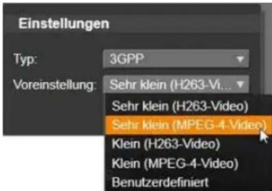 Einstellungen Typ: 3GPP Voreinstellung: Sehr klein (H263-Vi... Sehr klein (H263-Video) Sehr klein (MPEG-4-Video) Klein (H263-Video) Klein (MPEG-4-Video) Benutzerdefiniert