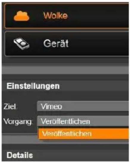 Wolke Gerät Einstellungen Ziel: Vimeo Vorgang: Veröffentlichen Veröffentlichen Details