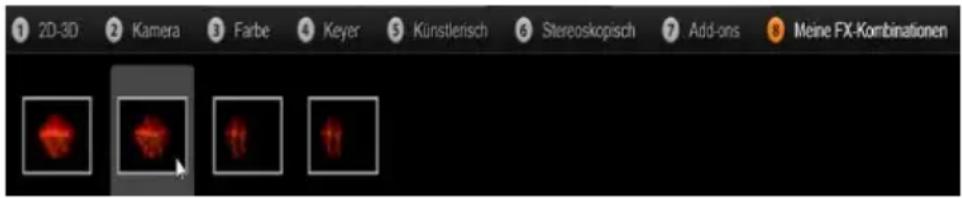 1 2D-3D 2 Kamera 3 Farbe 4 Keyer 5 Künstlerisch 6 Stereoskopisch 7 Add-ons 8 Meine FX-Kombinationen