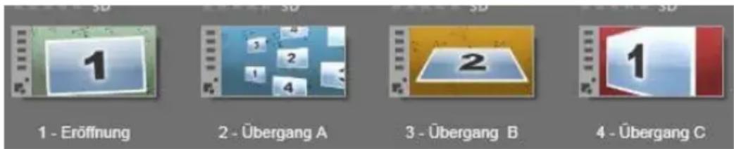 1 - Eröffnung 2 - Übergang A 3 - Übergang B 4 - Übergang C