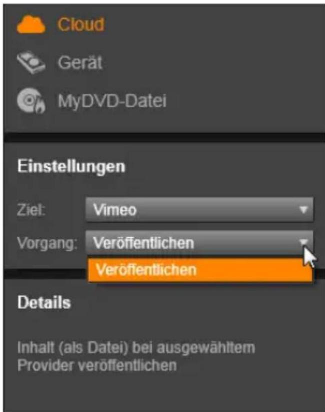 Cloud Gerät MyDVD-Datei Einstellungen Ziel: Vimeo Vorgang: Veröffentlichen Veröffentlichen Details Inhalt (als Datei) bei ausgewähltem Provider veröffentlichen