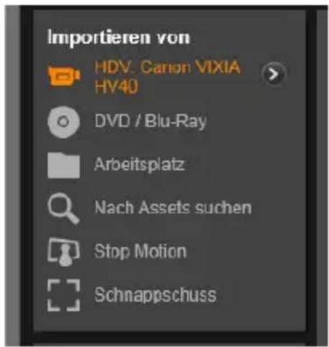 Importieren von HDV. Canon VIXIA HV40 DVD / Blu-Ray Arbeitsplatz Nach Assets suchen Stop Motion Schnappschuss