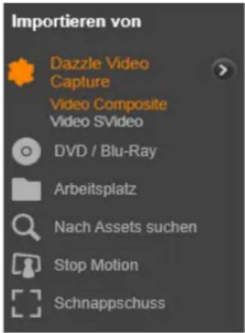 Importieren von Dazzle Video Capture Video Composite Video SVideo DVD / Blu-Ray Arbeitsplatz Nach Assets suchen Stop Motion Schnappschuss