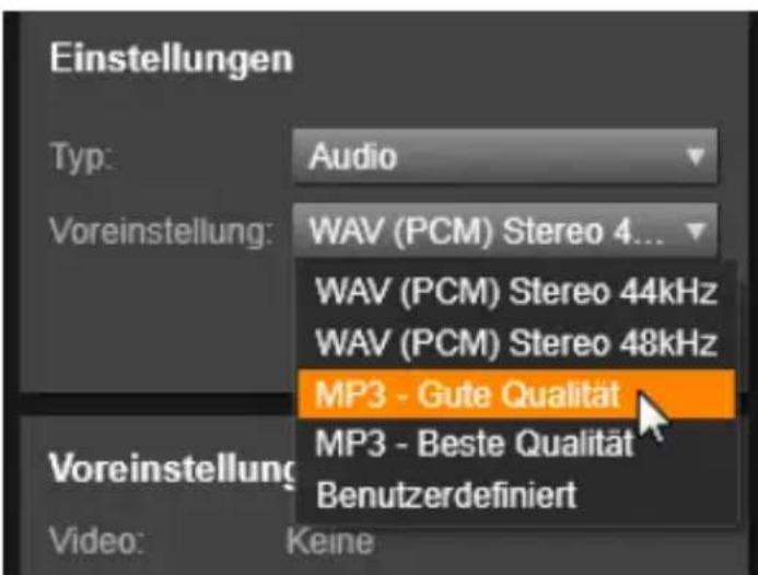 Einstellungen Typ: Audio Voreinstellung: WAV (PCM) Stereo 4... WAV (PCM) Stereo 44kHz WAV (PCM) Stereo 48kHz MP3 - Gute Qualität MP3 - Beste Qualität Benutzerdefiniert Video: Keine