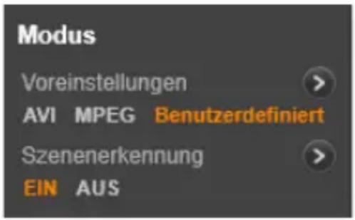 Modus Voreinstellungen AVI MPEG Benutzerdefiniert Szenenerkennung EIN AUS