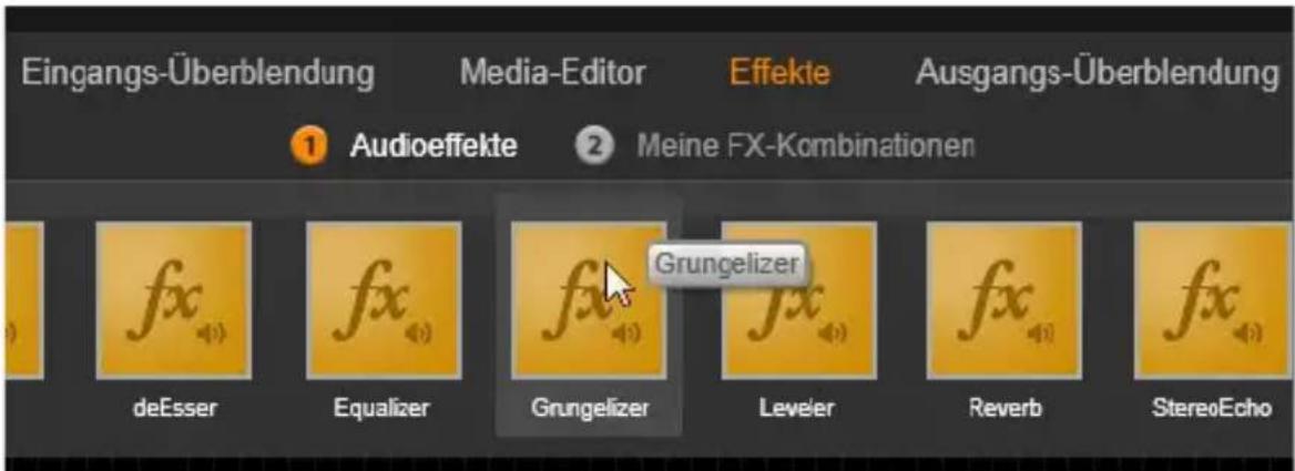 Eingangs-Überblendung Media-Editor Effekte Ausgangs-Überblendung 1 Audioeffekte 2 Meine FX-Kombinationen fx deEsser Equalizer Grungelizer Leveler Reverb StereoEcho