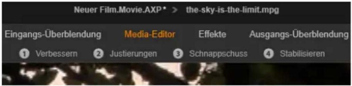Neuer Film.Movie.AXP* > the-sky-is-the-limit.mpg Eingangs-Überblendung Media-Editor Effekte Ausgangs-Überblendung Verbessern Justierungen Schnappschuss Stabilisieren