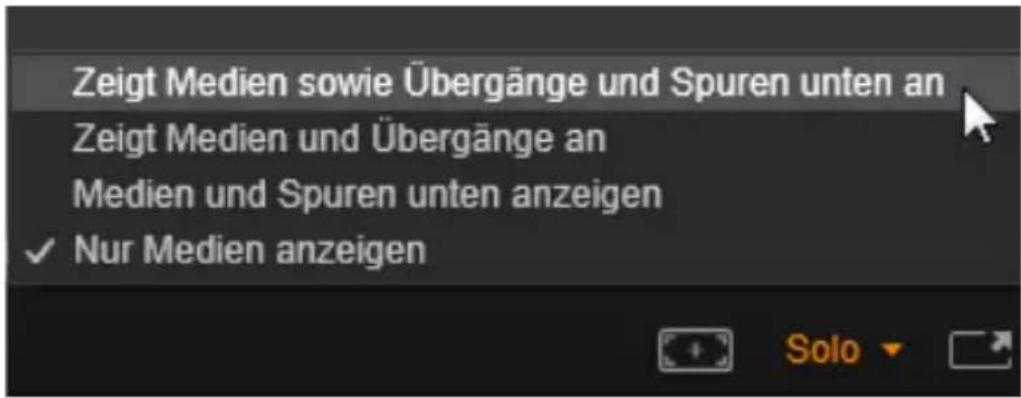 Zeigt Medien sowie Übergänge und Spuren unten an Zeigt Medien und Übergänge an Medien und Spuren unten anzeigen ✓ Nur Medien anzeigen Solo