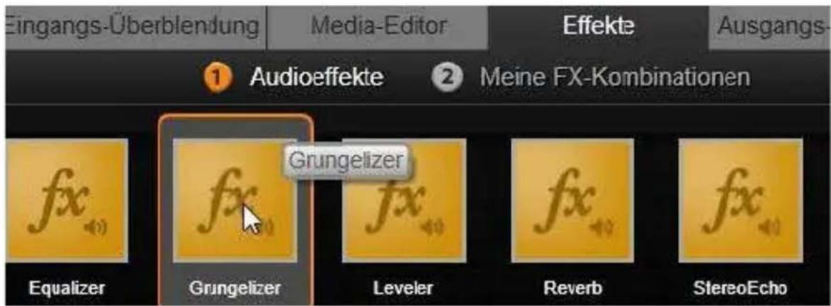 Eingangs-Überblendung Media-Editor Effekte Ausgangs- 1 Audioeffekte 2 Meine FX-Kombinationen fx Equalizer Grungelizer fx Grungelizer Leveler fx Reverb fx StereoEcho