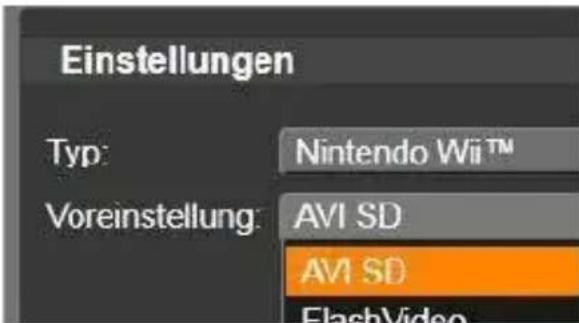 Einstellungen Typ: Nintendo Wii™ Voreinstellung: AVI SD AVI SD FlashVideo