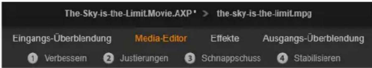 The-Sky-is-the-Limit.Movie.AXP* > the-sky-is-the-limit.mpg Eingangs-Überblendung Media-Editor Effekte Ausgangs-Überblendung ① Verbesser ② Justierungen ③ Schnappschuss ④ Stabilisieren