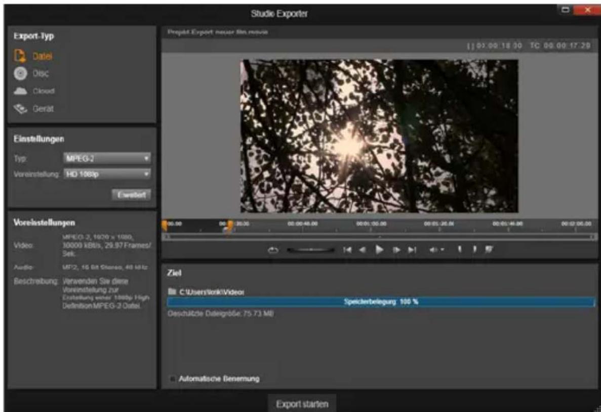 Studio Exporter Export-Typ Datei Disc Cloud Gerait Einstellungen Typ: MPEG-2 Vereinstellung: HD 108bp Eswertet Vorelstellungen Video: MPEG-2, 1020 x 1080, 30000 kBit/s, 29.97 Frames/ Sek. Audio: MF2, 16 Bit Glance, 40 kHz Beschreibung: Verwenden Sie diese Vereinstellung zur Erstellung einer 108bp High DefinitionMPEG-2.Datel Projekt Export: neuer fin reusie 00:00 00:00 35:00 00:00:48:00 00:01:00:00 00:01:35:00 00:01:46:00 00:02:05:00 Ziel C:\Userskirk\Video\Speichterlegung 100 % Geschütte Dategröße: 75.73 MB Automatische Denemung Export starten
