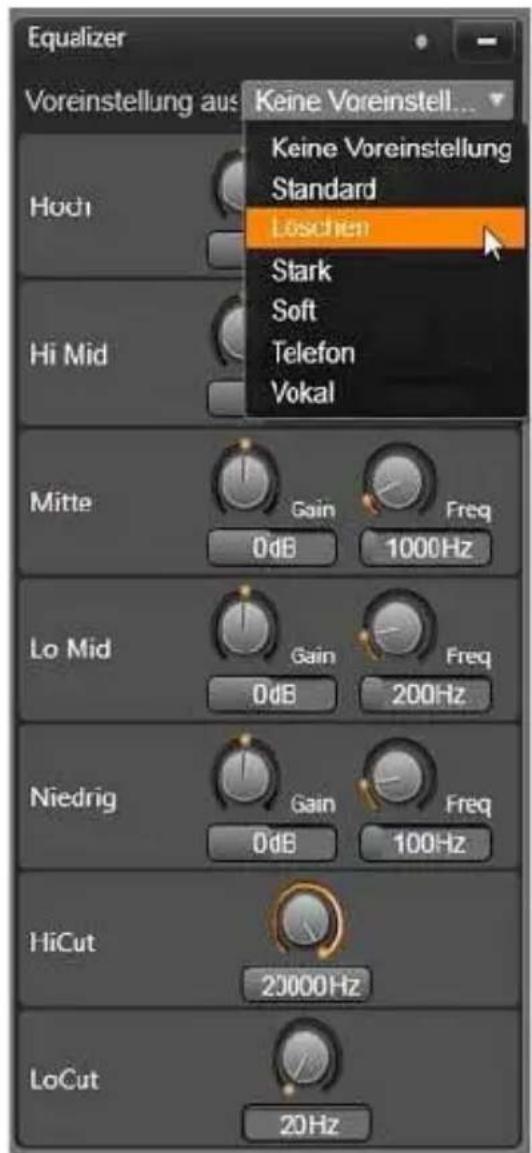 Equalizer Voreinstellung aus Keine Voreinstell... Keine Voreinstellung Standard Löschen Hoch Stark Soft Telefon Vokal Hi Mid Mitte Gain Freq 0dB 1000Hz Lo Mid Gain Freq 0dB 200Hz Niedrig Gain Freq 0dB 100Hz HiCut 20000Hz LoCut 20Hz