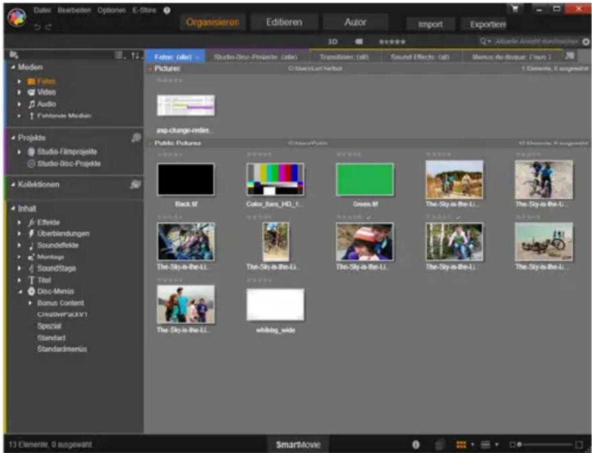Datei Bearbeten Optionen E-Store Organisieren Editieren Autor Import Exportiere 3D ★★★★ • Aktuelle Arnold durchsitzern Modem Fatos Video Audio Fahlende Modem Projekte Studio-Filmprojekte Studio-Disc-Projekte Kollektionen Inhalt Efferde Überblendungen Soundoffelde Montags SoundStage Titel Doc-Menis Bonus Content Creative*ackv1 Spezial Standard1 Standardimenis Fotres (alle) Studio-Disc-Projekte (alle) Transitione (all) Sound Effects (all) Menus de disque (l'aux) Pictures C:\Users\Lot Verlust amp change-redie. Public Pictures C:\Users\Pollut Black_M Color_Bars_HD_L Green_M The-Sly as the_L The-Sly as the_U The-Sly as the_U The-Sly as the_U The-Sly as the_U The-Sly as the_L The-Sly as the_L The-Sly as the_L The-Sly as the_U The-Sly as the_U The-Sly as the_L whibog_wide 13 Elemente 0 ausgewähl SmartMovie