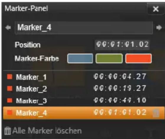 Marker-Panel Marker_4 Position 00:01:01.02 Marker-Farbe Marker_1 00:00:04.27 Marker_2 00:00:19.27 Marker_3 00:00:49.10 Marker_4 00:01:01.02 Alle Marker löschen
