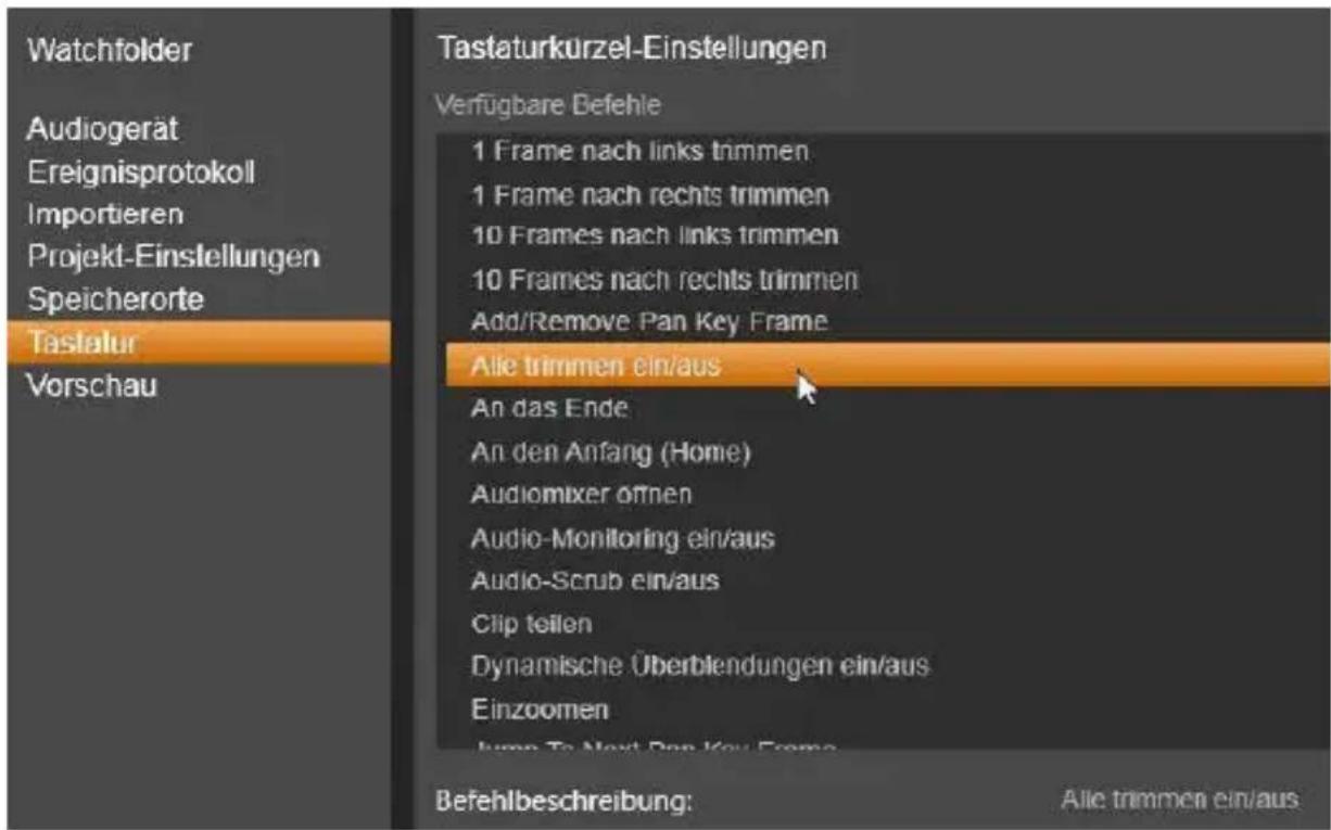 Watchfolder Audiogerät Ereignisprotokoll Importieren Projekt-Einstellungen Speicherorte Tastatur Vorschau Tastaturkurzel-Einstellungen Verfügbare Befehle 1 Frame nach links trimmen 1 Frame nach rechts trimmen 10 Frames nach links trimmen 10 Frames nach rechts trimmen Add/Remove Pan Key Frame Alle trimmen ein/aus An das Ende An den Anfang (Home) Audiomixer örnen Audio-Monitoring ein/aus Audio-Scrub ein/aus Clip teilen Dynamische Überblendungen ein/aus Einzoomen Jump To Next Pan Key Frame Befehlbeschreibung: Alle trimmen ein/aus