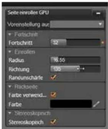 Seite enrollen GPU Voreinstellung aus • Fortschritt Fortschritt 32 • Enrollen Radius 16.50 Richtung 130 Randunschärte ✓ • Rückseite Farbe verwend... Farbe ✓ • Stereoskopisch Stereoskopisch ✓