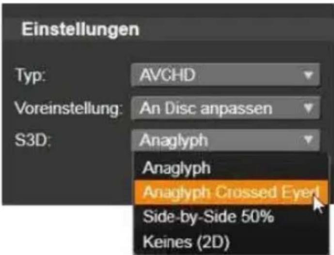 Einstellungen Typ: AVCHD Voreinstellung: An Disc anpassen S3D: Anaglyph Anaglyph Anaglyph Crossed Eyerd Side-by-Side 50% Keines (2D)