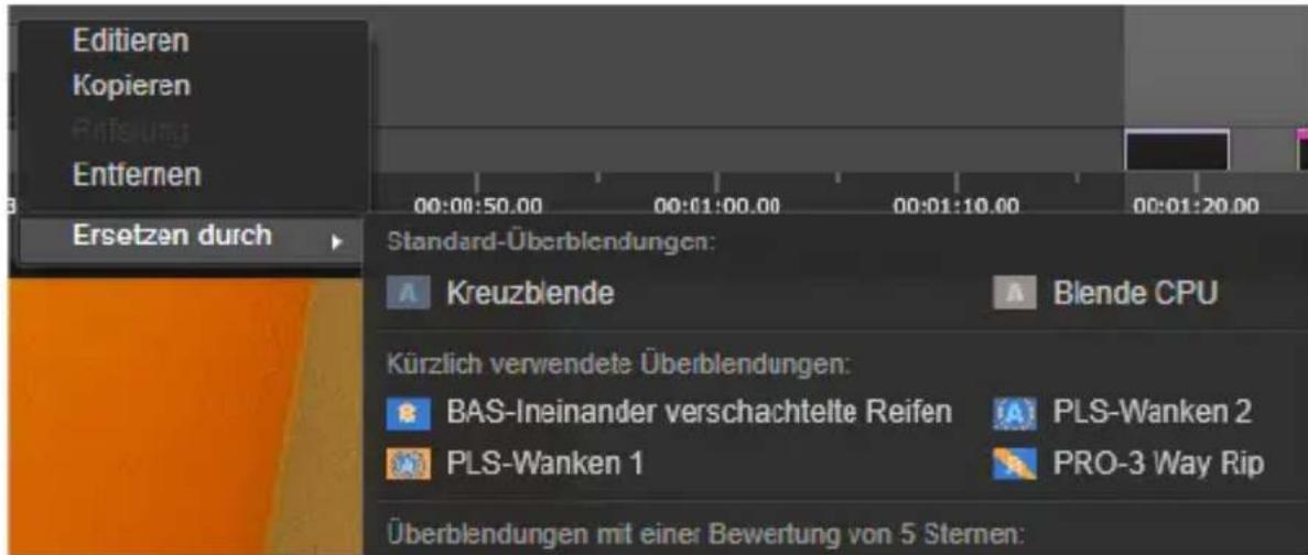 Editieren Kopieren Entfernen Ersetzen durch 00:00:50.00 00:01:00.00 00:01:10.00 00:01:20.00 Standard-Überblendungen: Kreuzblende Blende CPU Kürzlich verwendete Überblendungen: BAS-Ineinander verschachtelte Reifen PLS-Wanken 2 PLS-Wanken 1 PRO-3 Way Rip Überblendungen mit einer Bewertung von 5 Sternen: