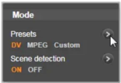 Mode Presets DV MPEG Custom Scene detection ON OFF