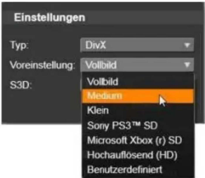 Einstellungen Typ: DivX Voreinstellung: Vollbild S3D: Vollbild Medium Klein Sony PS3™ SD Microsoft Xbox (r) SD Hochauflösend (HD) Benutzerdefiniert