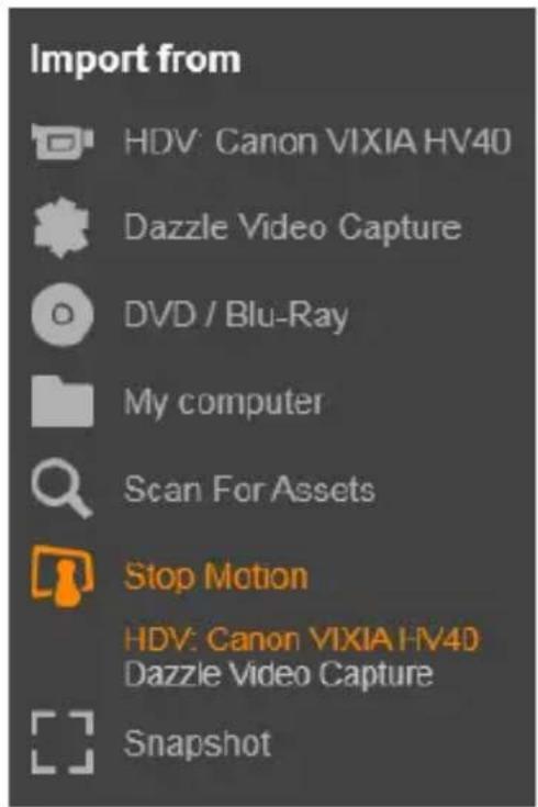Import from HDV: Canon VIXIA HV40 Dazzle Video Capture DVD / Blu-Ray My computer Scan For Assets Stop Motion HDV: Canon VIXIA HV40 Dazzle Video Capture Snapshot