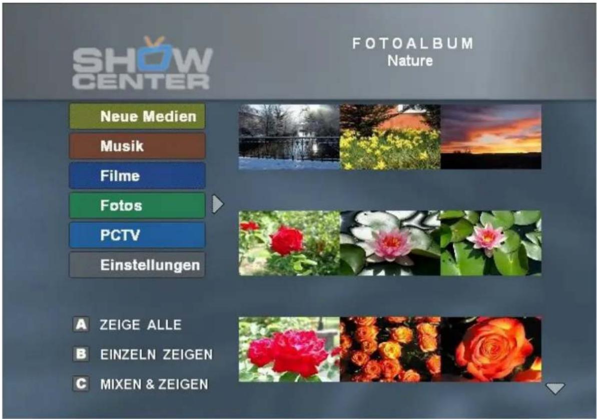SHOW CENTER FOTOALBUM Nature Neue Medien Musik Filme Fotos PCTV Einstellungen A ZEIGE ALLE B EINZELN ZEIGEN C MIXEN & ZEIGEN