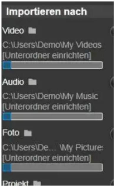 Importieren nach Video C:\Users\Demo\My Videos [Unterordner einrichten] Audio C:\Users\Demo\My Music [Unterordner einrichten] Foto C:\Users\De... My Picture [Unterordner einrichten] Projekt