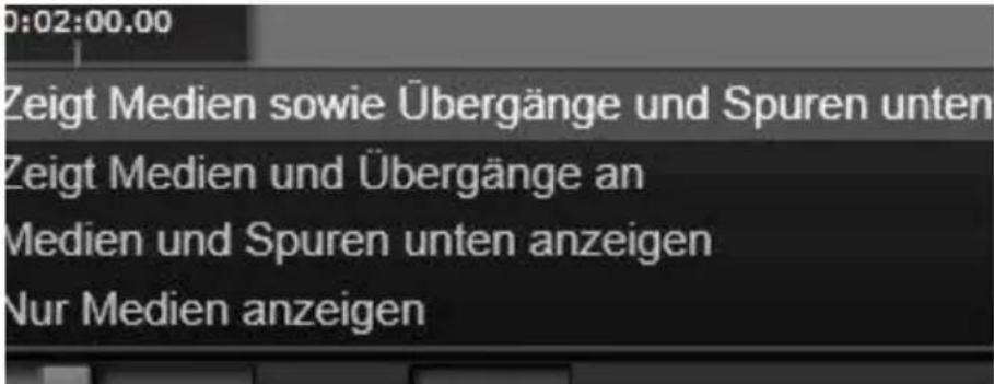 0:02:00.00 Zeigt Medien sowie Übergänge und Spuren unten Zeigt Medien und Übergänge an Medien und Spuren unten anzeigen Nur Medien anzeigen