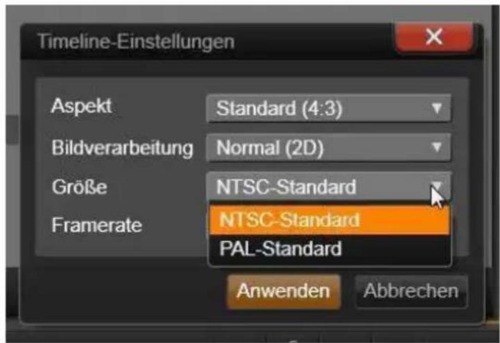 Timeline-Einstellungen Aspekt Standard (4:3) Bildverarbeitung Normal (2D) Größe NTSC-Standard Framerate NTSC-Standard PAL-Standard Anwenden Abbrechen