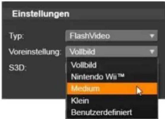 Einstellungen Typ: FlashVideo Voreinstellung: Vollbild S3D: Vollbild Nintendo Wii™ Medium Klein Benutzerdefiniert