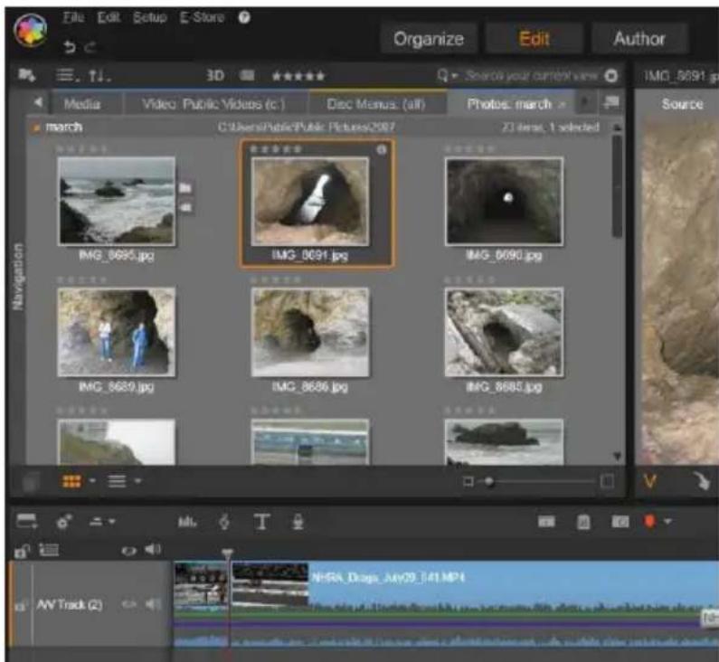 File Edit Setup E-Store Organize Edit Author Media Video Public Videos (c) Disc Menus (all) Photos march march C:\Users\Public\Public\Pictures\2007 23 items, 1 selected Navigation IMG_8695.jpg IMG_0691.jpg IMG_0690.jpg IMG_8689.jpg IMG_8686.jpg IMG_8685.jpg NVTrack (2) N:5RA_Dags_Av029_541.MPI