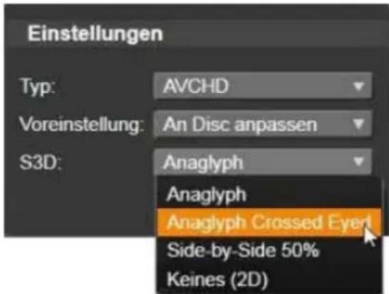 Einstellungen Typ: AVCHD Voreinstellung: An Disc anpassen S3D: Anaglyph Anaglyph Anaglyph Crossed Eyed Side-by-Side 50% Keines (2D)