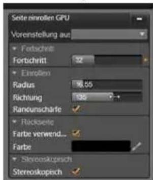 Seite einrollen GPU Vorenstellung auf: Fertschrift Fortschritt 32 Einrollen Radius 16.55 Richtung 100 Randunscharle ✓ Rückseite Farbe verwend... Farbe ✓ Stereoskopisch Stereoskopisch ✓