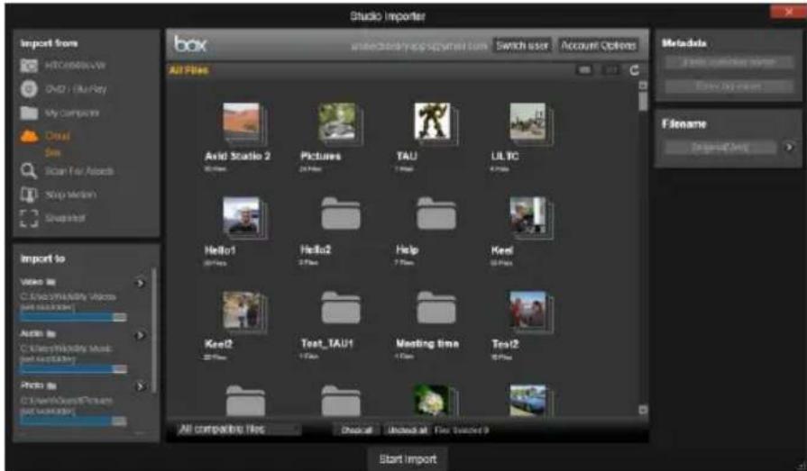 Studio Importer box All Files Avid Studio 2 Pictures TAU LULTC Hello1 Hello2 Help Keel Keel2 Text_TAU1 Meeting time Text2 All comparable files Desktop Desktop at: File Nexted 9 Start Import