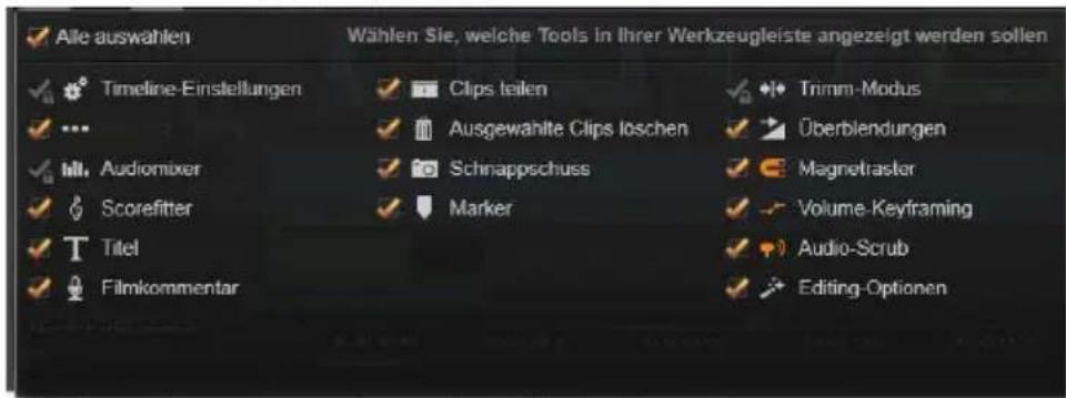 Alle auswahlen Wählen Sie, welche Tools in Ihrer Werkzeugleiste angezeigt werden sollen Timeline-Einstellungen Clips teilen Trimm-Modus ... Ausgewählte Clips loschen Überblendungen Hill. Audiomixer Schnappschuss Magnetraster Scorefitter Marker Volume-Keyframing Titel Audio-Scrub Filmkommentar Editing-Optionen
