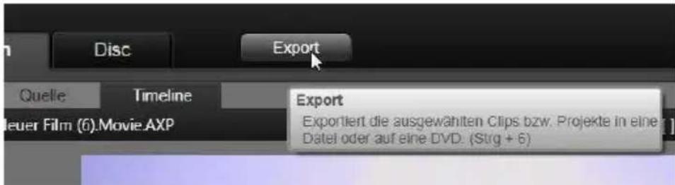 Disc Export Quelle Timeline Deuer Film (6).Movie.AXP Export Exportiert die ausgewählten Clips bzw. Projekte in eine Dátei oder auf eine DVD. (Strg + 6)