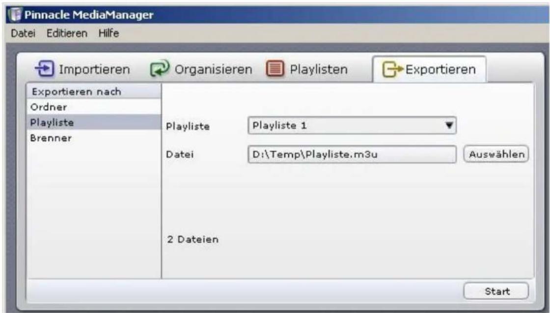 Pinnacle MediaManager Datei Editieren Hilfe Importieren Organisieren Playlisten Exportieren Exportieren nach Ordner Playliste Brenner Playliste Playliste 1 Datei D:\Temp\Playliste.m3u Auswählen 2 Dateien Start