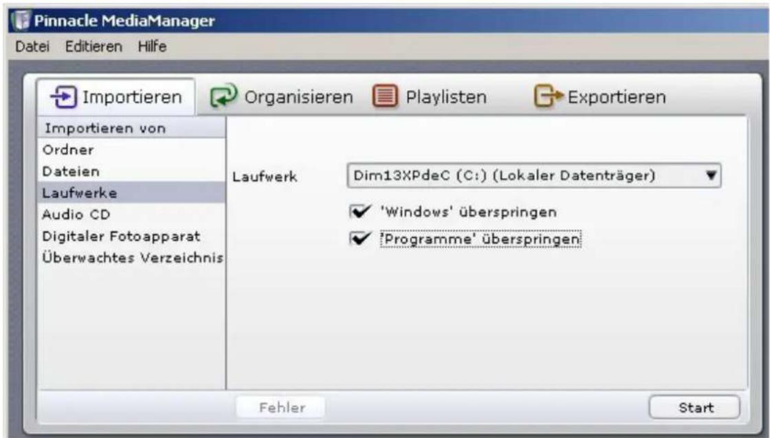 Pinnacle MediaManager Datei Editieren Hilfe Importieren Organisieren Playlisten Exportieren Importieren von Ordner Dateien Laufwerke Audio CD Digitaler Fotoapparat Überwachtes Verzeichnis Laufwerk Dim13XPdeC (C:) (Lokaler Datenträger) 'Windows' überspringen 'Programme' überspringen Fehler Start