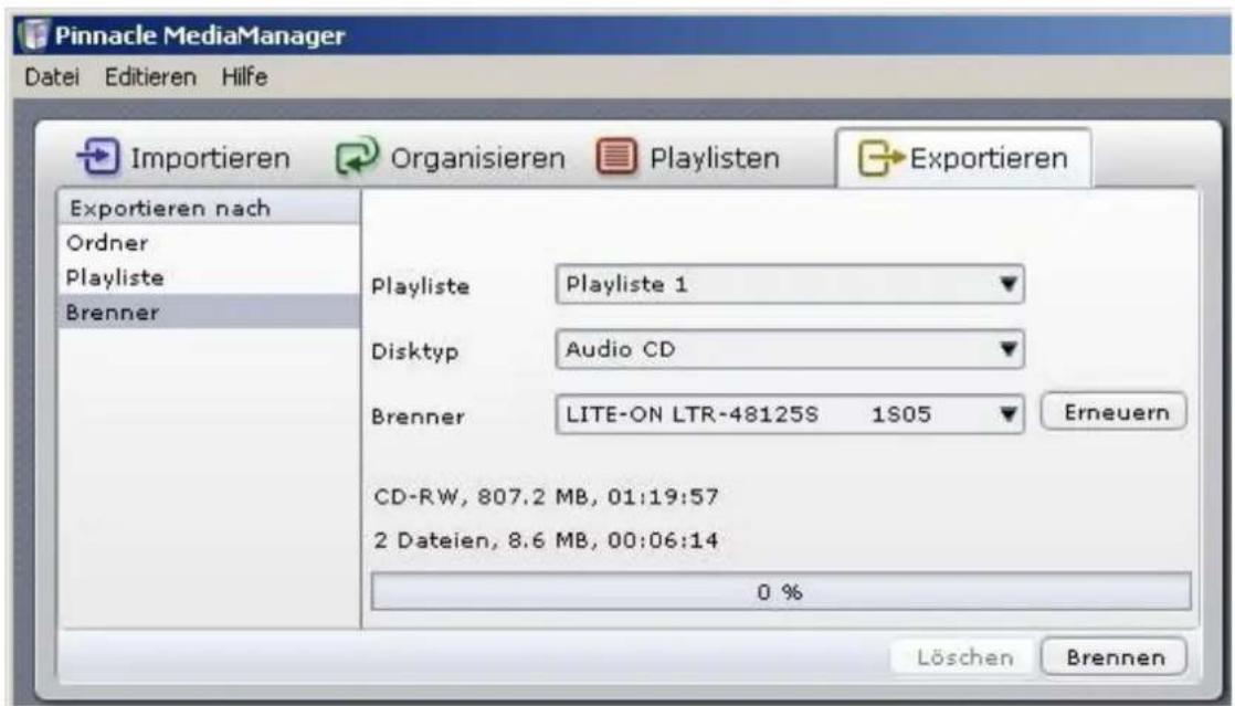 Pinnacle MediaManager Datei Editieren Hilfe Importieren Organisieren Playlisten Exportieren Exportieren nach Ordner Playliste Brenner Playliste Playliste 1 Disktyp Audio CD Brenner LITE-ON LTR-48125S 1S05 Erneuern CD-RW, 807.2 MB, 01:19:57 2 Dateien, 8.6 MB, 00:06:14 0 % Löschen Brennen