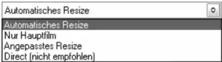 Automatisches Resize Automatisches Resize Nur Hauptfilm Angepasstes Resize Direct (nicht empfohlen)