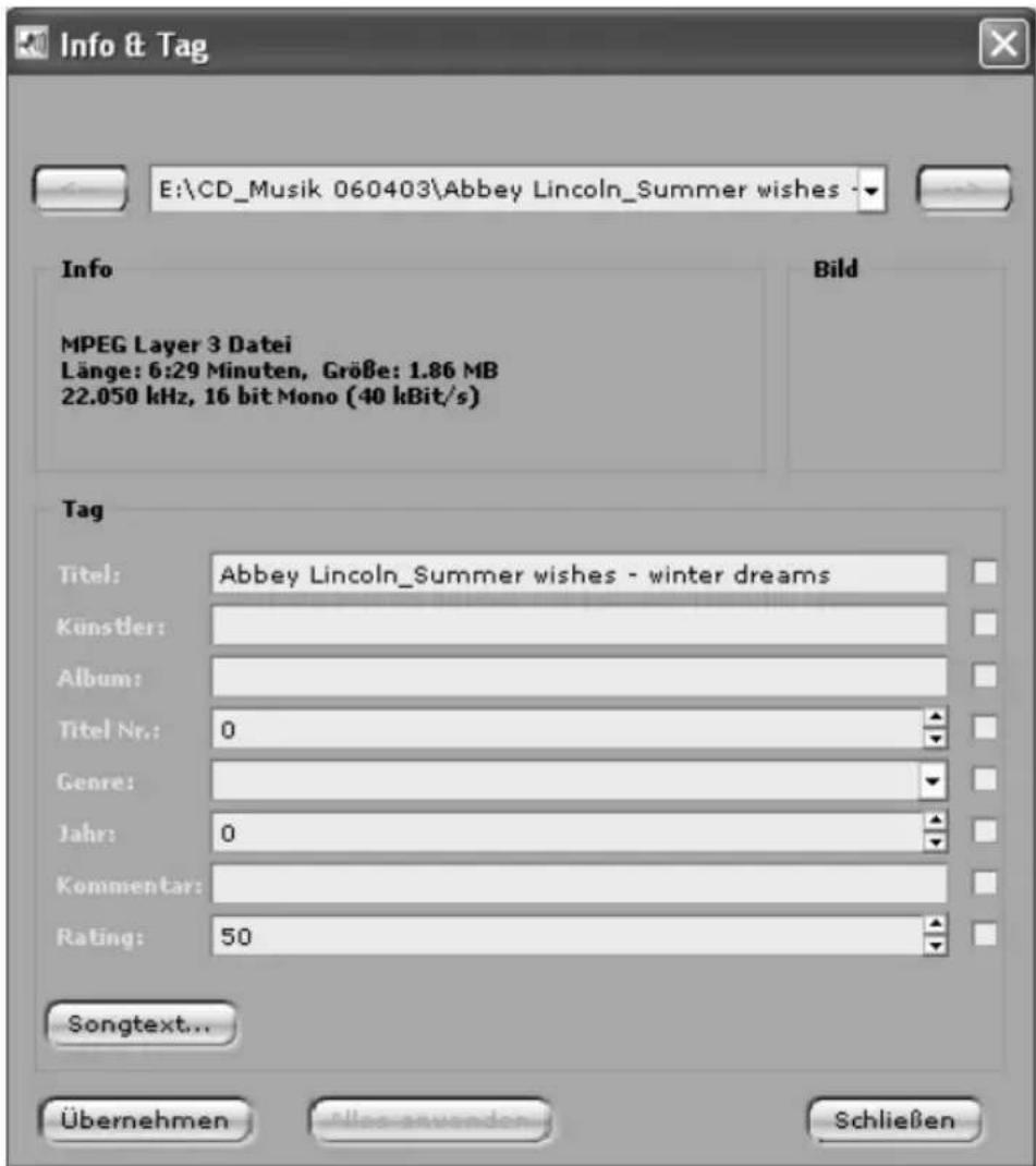 Info & Tag E:\CD_Musik 060403\Abbey Lincoln_Summer wishes - Info MPEG Layer 3 Datei Länge: 6:29 Minuten, Größe: 1.86 MB 22.050 kHz, 16 bit Mono (40 kBit/s) Bild Tag Titel: Abbey Lincoln_Summer wishes - winter dreams Künstler: Album: Titel Nr.: 0 Genre: Jahr: 0 Kommentar: Rating: 50 Songtext... Übernehmen Allas anvanden Schließen